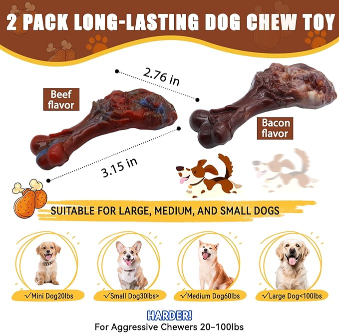 Dog Chew Toys for Aggressive Chewers, Indestructible Dog Toy for for Medium/Large Breed, Tough Nylon Teething Bone Toy to Keep Them Busy,Bacon and Real Beef Flavor (Beef+Bacon Flavor, 2 Pack)-Mewly Pet