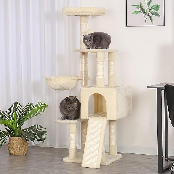 Heybly Cat Tree, Cat Tower for Indoor Cats with Scratching Board, Multi-Level Cat Furniture Condo with Feeding Bowl, Beige HCT010MM-Mewly Pet