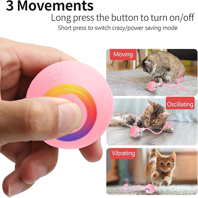 Interactive Cat Toys, Automatic Moving Cat Toys for Bored Indoor Adult Cats, Fast Rolling, Chirping & Motion-Activated Kitty Toys, Fun Gift for Cats with Speedy Tail 2.0, USB Rechargeable,Pink-Mewly Pet