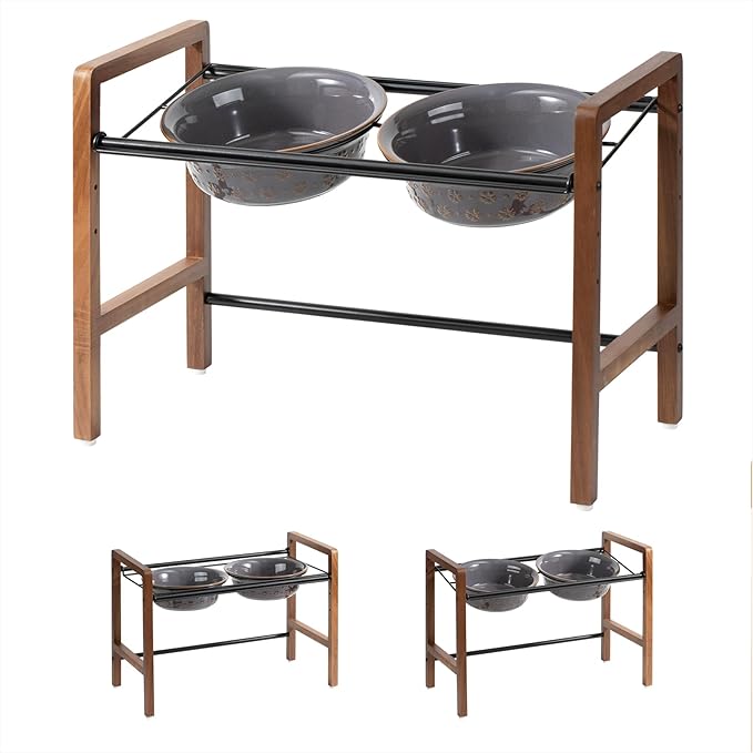 8.7inch Ceramic Adjustable Raised Double Bowls Set with Stand, 3 Heights Elevated, 2 Placement Options,Food and Water Dishes for Large Dog(Double Bowls+Stand, Reactived Glaze -Grey)-Mewly Pet
