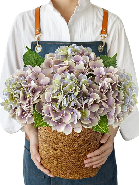 Hydrangea Artificial Flowers, 4PCS 21" Latex Real Touch Vintage Lifelike Silk Flowers,Faux Hydrangea Bouquet Fake Flowers for Wedding Centerpieces Tables Party Outdoor Home (Green/Puple)
