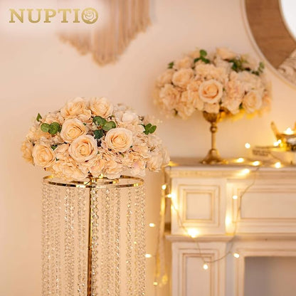 NUPTIO Flower Ball Arrangement Bouquet - 2 Pcs 15.7 inch Diameter Champagne Fake Flowers Roses Balls for Centerpieces Tables - Artificial Rose Arrangements for Wedding Centerpiece Table Decorations