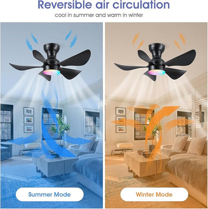Ceiling Fans with Lights and Remote/APP Control, 30 inch Low Profile Ceiling Fans with Dimmable White Colors and RGB Lighting, 6 Speeds 5 Curved Blades for Kids Room Bedroom Bar, Black