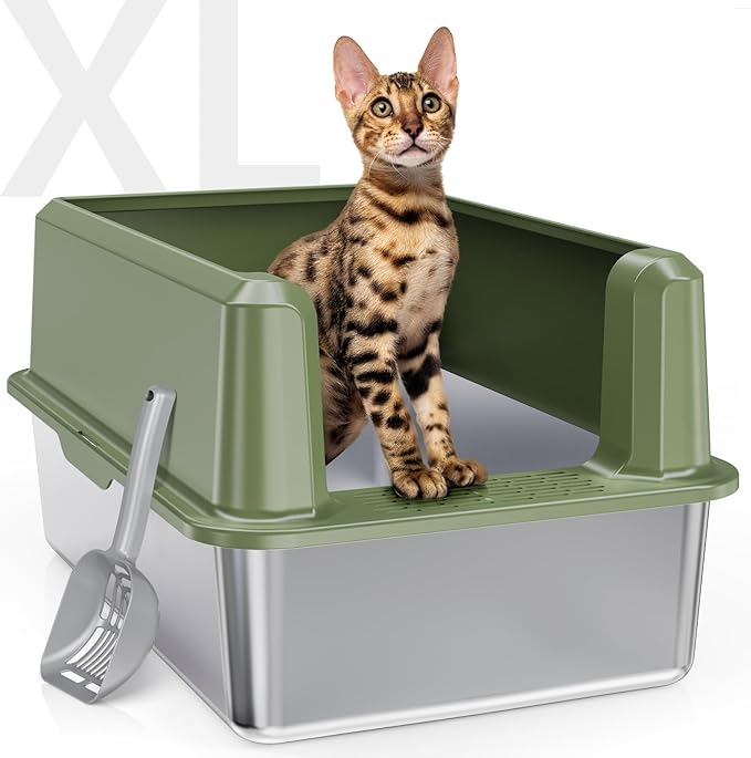 Enclosed Stainless Steel Cat Litter Box with Lid, XL Extra Large Litter Box for Big Cats, Metal Litter Pan High Sided, Never Absorbs Odors, Anti-Urine Leakage, Include Scoop (Green)-Mewly Pet