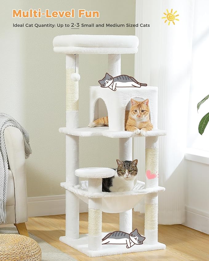 White Cat Tree for Indoor Cats, 45.7" Multi-Level Cat Tower with Large Metal Frame Hammock, Cat Condo with 4 Scratching Posts and Top Perch, White-Mewly Pet