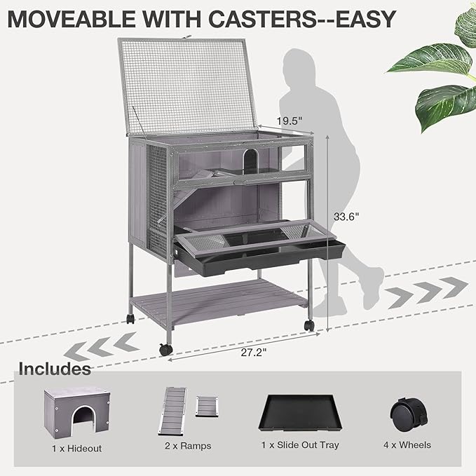 Guinea Pig Cage, Moveable Metal Frame Hamster Cage Anti-Chewing with Aluminium Alloy Edge, Hideouts, Ramps, Seesaws Chewing Toy, Deeper Pull-Out Leakproof Tray for Indoor Outdoor(Grey-Mewly Pet