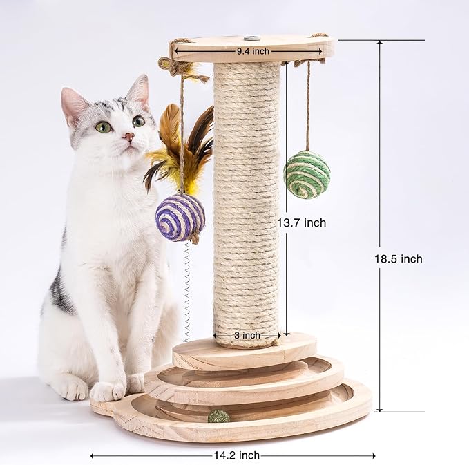 MEWOOFUN Cat Toy 2-Layer Turntable Cat Ball Toy with Feather,Kitten Toys Interactive Cat Toy with Eight Interactive Balls and Two Sisal Dangling Balls (Large)-Mewly Pet