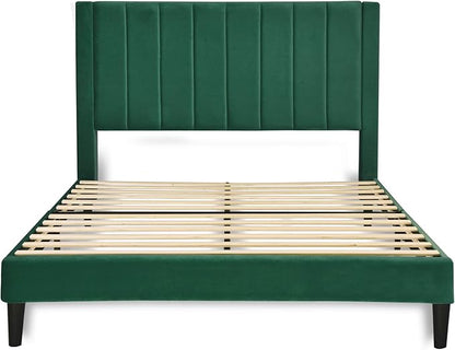 Allewie Full Bed Frame/Velvet Upholstered Bed Frame with Vertical Channel Tufted Headboard/Strong Wooden Slats/Platform Bed Frame/Mattress Foundation/Box Spring Optional/Easy Assembly/Green