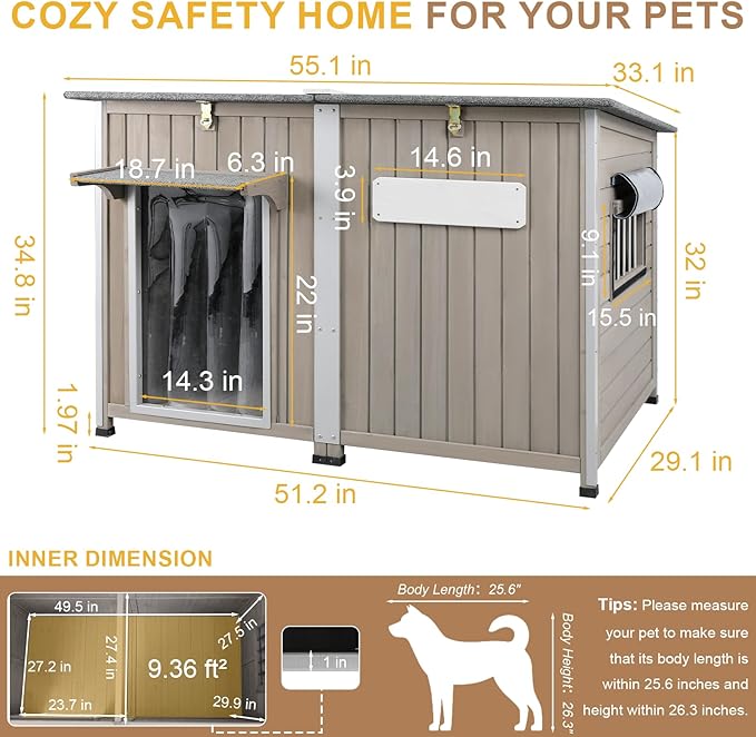 Weatherproof Outdoor Dog House, Wooden Puppy Shelter with Anti-Chewing Iron Frame and Elevated Floor, Sturdy Dog Kennel for Small, Medium & Large Dogs, Grey (Gray, 51" L x 29" W x 32" H)-Mewly Pet