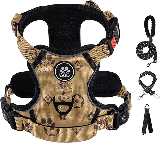 IVY&LANE No Pull Dog Harness with Leash Set, Reflective No Choke Pet Vest,Adjustable Oxford Dog Vest Harness with Easy Control Handle for Medium Dogs (Light Brown,M)-Mewly Pet