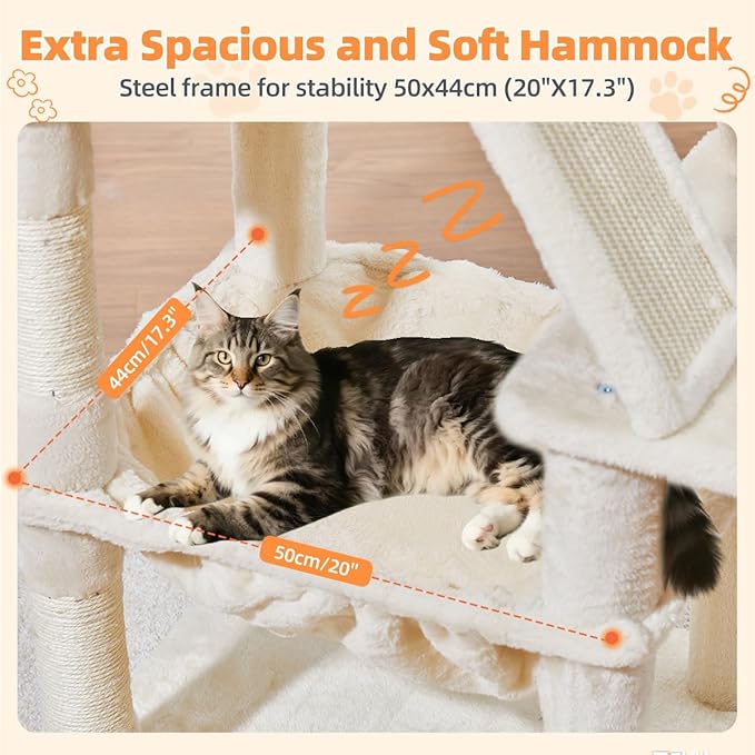 Taoqimiao Cat Tree 57.5-Inch, Cat Tower for Indoor Cats Large Adult, Extra Large Cat Condo, 8 Sisal Scratching Posts, Metal Frame Cozy Hammock, Durable Scratch Board, 2 Top Perches, Beige MS026M-Mewly Pet