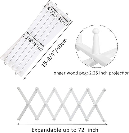 WEBI Accordion Wall Hanger,Expandable Wooden Hat Rack for Wall Mounted Coat Rack,Accordion Hat Hooks Holder for Baseball Caps,17 Peg Hooks,White