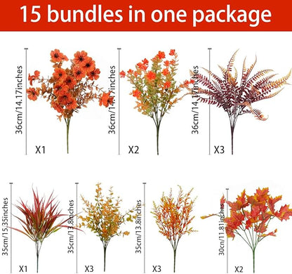 15PCS Artificial Fall Plants for Outdoors, Orange Fake Grass Plants Flowers for Autumn Decorations, UV Resistant Faux Foliage Greenery Bushes for Window Porch Garden Yard Décor