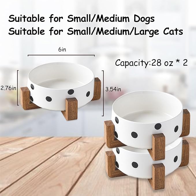 Petygooing Ceramic Dog Bowl Set with Stand - Cat & Dog Food and Water Bowl, Medium Size - Anti-Slip, 28 OZ / 3.6 Cups, Black Dot-Mewly Pet
