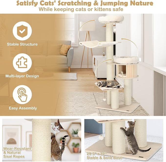 Tangkula Modern Cat Tree, Multi-Level Large Cat Tower with Condo, Hammocks & Hanging Basket, Tall Cat Tree with Sisal Posts, Washable Cushions, Wood Cat Trees and Towers for Indoor Large Cats-Mewly Pet