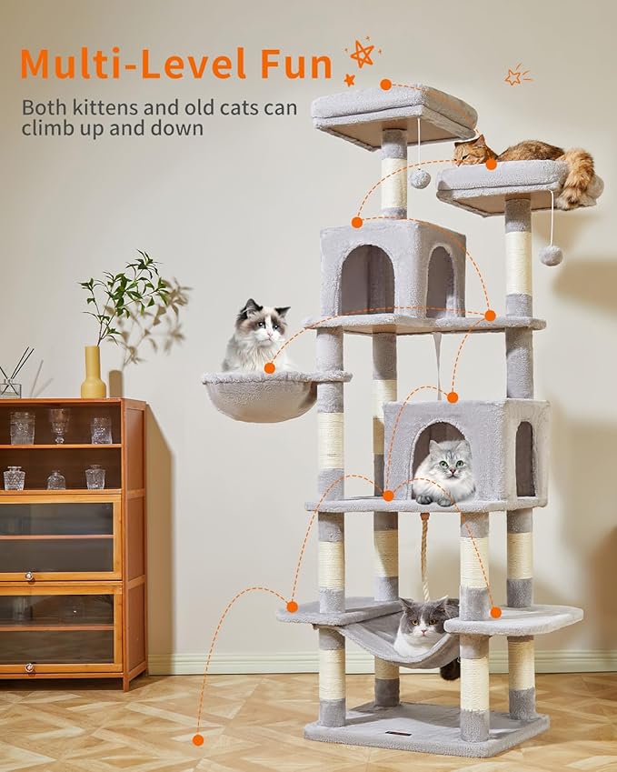Taoqimiao Cat Tree, 71.7-Inch Cat Tower for Indoor Cats, Plush Multi-Level Cat Condo with 13 Scratching Posts, 2 Perches, 2 Caves, Hammock, 2 Pompoms,Light Gray MS013LW-Mewly Pet