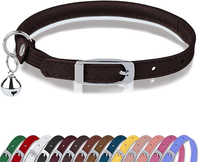 OOPSDOGGY Rolled Leather Cat Collar with Bell, Reflective Kitten Collars with Buckle Include Safety Elastic Strap - Adjustable Small Pet Collars for Boy Girl Cats (Dark Brown)-Mewly Pet