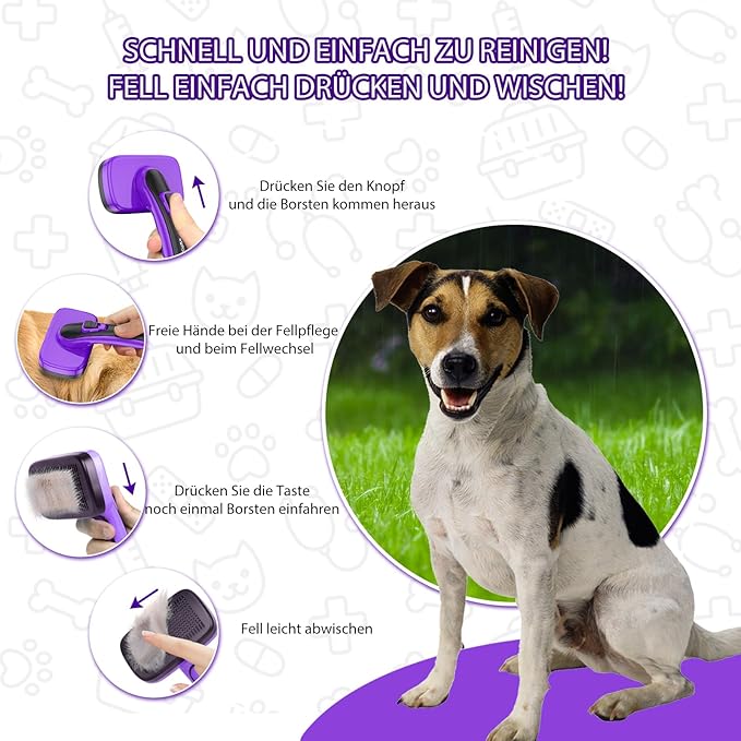 Dogs Cats Self Cleaning Slicker Brush for Shedding & Grooming Any Breed of Pets, Removes Loose, Undercoat, Mats, Tangled Hair for Small Medium Large Animal With Long Short Fur Length, Purple-Mewly Pet