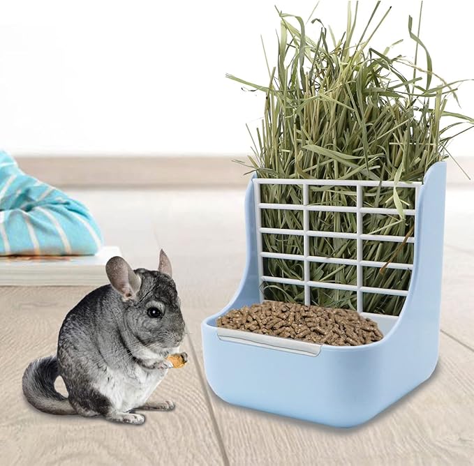 Litewoo Rabbit Hay Feeder Guinea Pig Feeder, 2 in 1 Automatic Small Animal Food Bowl Feeding Cage Accessories (Blue)-Mewly Pet