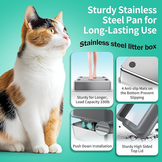 XL Cat Litter Box,24" Stainless Steel Litter Box,Large Big Cats,Extra Large Kitty 17" High Wall Sides Enclosure,Non-Sticky Easy Cleaning,Include Litter Scoop-Mewly Pet