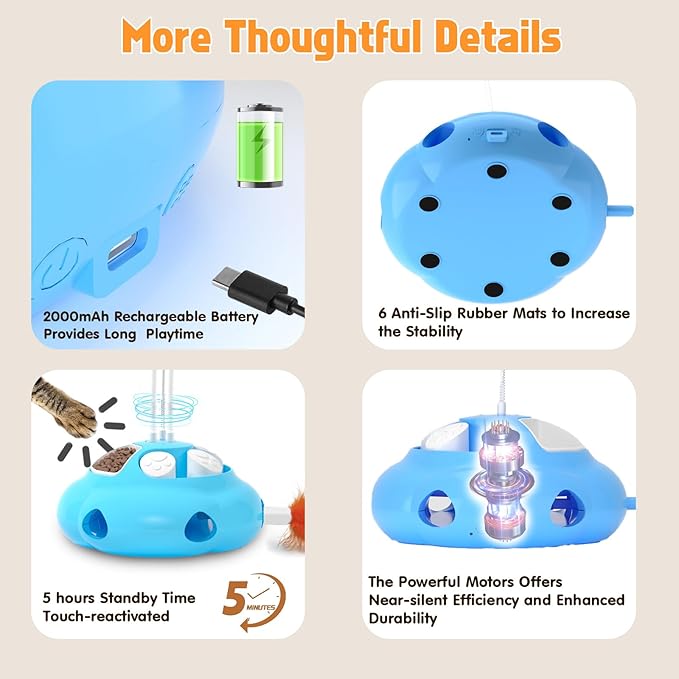 Interactive Cat Toys for Indoor Cats, 4in1 Pet Teaser Toy with Ambush Feather Wand, Motorized Fluttering Butterfly and Slow Feeder, Rechargeable Power Treat Puzzle Toy(Blue)-Mewly Pet