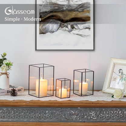 Glasseam Hurricane Glass Candle Holder, Black Candle Holders Set of 3, Square Metal Modern Candle Holder, Modern Large Candle Holders for Table Centerpiece Wedding Christmas Decorative
