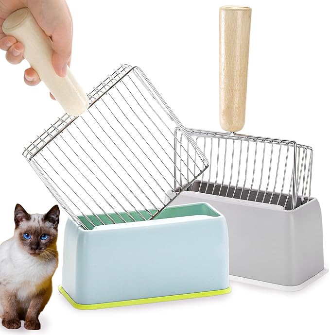 Hiceeden Set of 2 Cat Litter Scoop with Holder, Metal Kitty Litter Scoop Holder with Wooden Handle, Cat Poop Scooper for Kitten Litter Box, Fast Sifting, Gray and Blue-Mewly Pet
