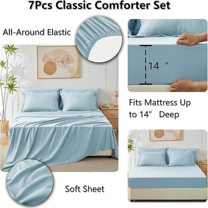 CozyLux Queen Comforter Set Light Blue - Bed in a Bag Queen Size 7 Pieces, Luxury Soft Bed Set for All Seasons, Bedding Set with Down Alternative Comforter, Sheets, Pillowcases & Shams