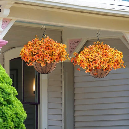 Orgrimmar 2 Pack Artificial Fall Mums Hanging Basket - UV Resistant Fake Hanging Plants with Realistic Silk Mums & Eucalyptus, Coconut Lining Baskets for Home Porch Balcony Patio Yard (Orange)