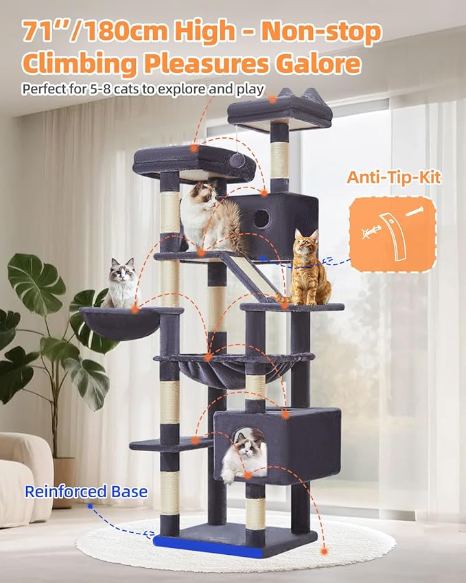 Taoqimiao Cat Tree 71-Inch, Cat Tower for Indoor Cats Large Adult, Multi-Level Large Cat Condo, 8 Sisal Scratching Posts, Metal Frame Cozy Hammock, Scratch Board, 2 Top Perches, Smoky Gray MS026LG-Mewly Pet