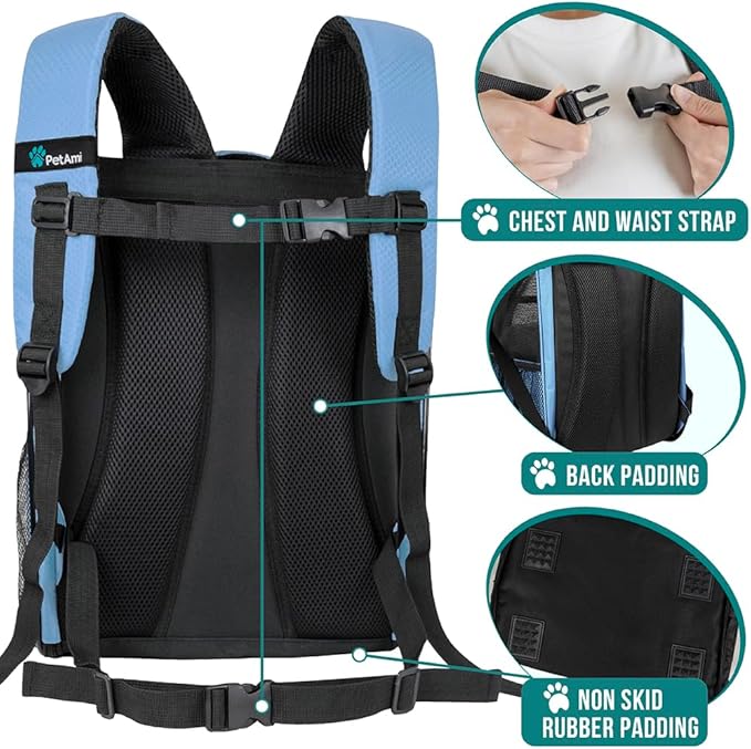 PetAmi Dog Backpack Carrier for Small Large Cat, Pet, Puppy, Ventilated Pet Hiking Backpack Travel Bag, Airline Approved Cat Backpack Carrier, Camping Biking Dog Bag Up to 18lbs Pet, Light Blue-Mewly Pet