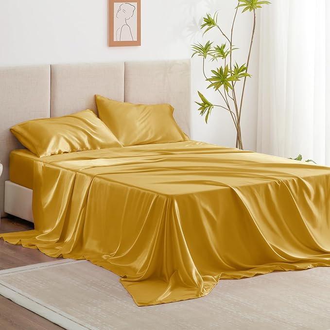 Love's cabin Twin XL Satin Sheet Sets - 3 Piece Gold Silky Bed Sheets with Deep Pockets, Luxury Silk Feel Satin Sheet Set Twin XL (1 Flat Sheet,1 Fitted Sheet,1 Pillow case)