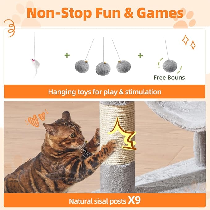 Taoqimiao Large Cat Tree，73-Inch Cat Tree Tower with 9 Scratching Posts for Indoor Cats, 2 Large Cat Condo with Hammock, Hanging Basket, 2 Extended Platform, Light Gray MS013XLW-Mewly Pet