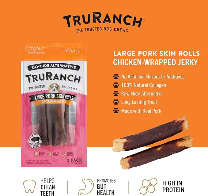 Large Pork Skin Rolls - Chicken-Wrapped Jerky Collagen Rolls - Collagen Chews for Dogs - Real Pork Skin - Rawhide Alternative - Easy to Digest Treat, 1 Bag, 2 Count-Mewly Pet