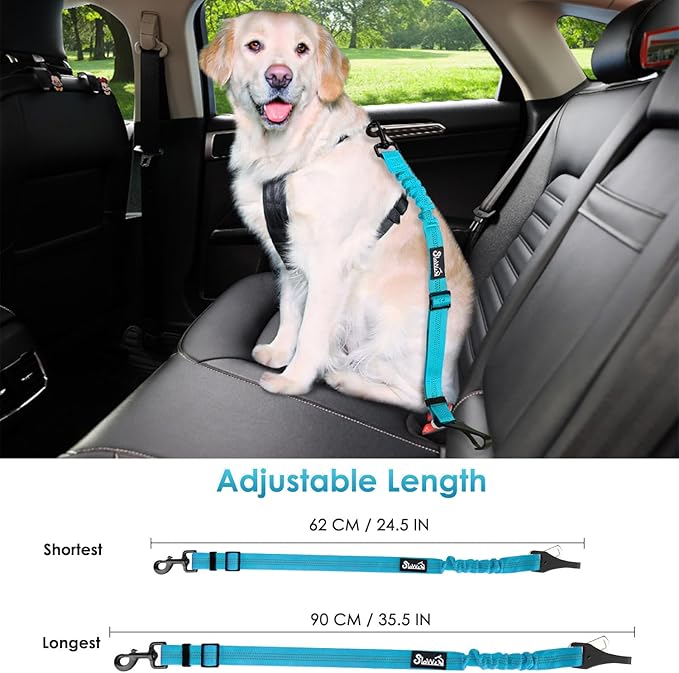 SlowTon Dog Seat Belt, Adjustable Dog Safety Belt Leash, 2 in 1 Latch Bar Attachment Dogs Car Seatbelt with Elastic Nylon Bungee Buffer, Reflective Nylon Belt Tether (TB,35.5in)-Mewly Pet