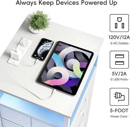 Fixwal White Nightstand with Charging Station, LED Night Stand with 3 Fabric Drawers and Open Shelf, Bedside End Table in Living Room