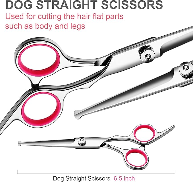 Professional Dog Grooming Scissors Kit, Titanium Coated Dog Scissors for Grooming, Grooming Shears Kit for Dogs Cat At Home (Pink 5 in 1)-Mewly Pet