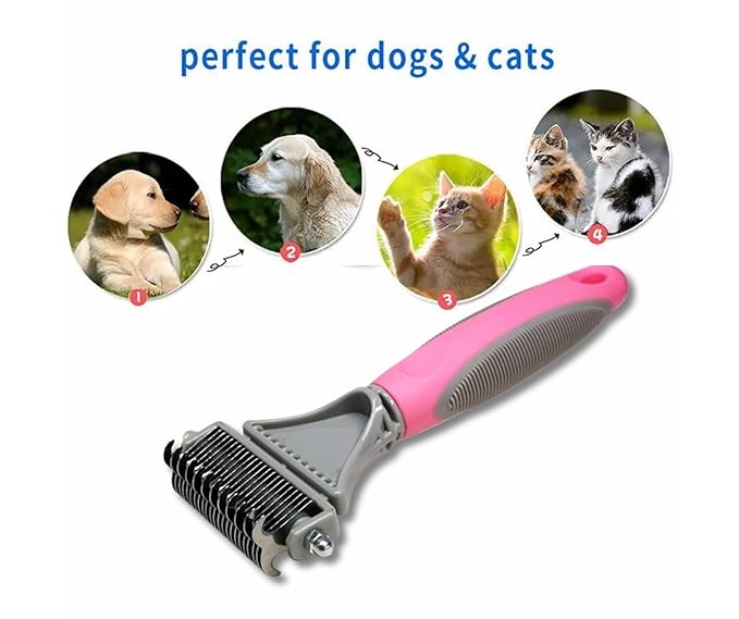 3-in 1 Dog & Cat Grooming Supplies- Self-cleaning Slicker Brush, Deshedding Rake Comb, And Finger Toothbrush For Dogs & Cats | Perfect For Pet Grooming Kit, Dematting And Dental Tool (pink)-Mewly Pet