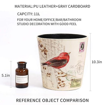 PU Leather Small Trash Can Wastebasket, Round Garbage Container Basket for Bathrooms, Laundry Room, Kitchens, Offices, Kids Rooms, Bedrooms,Dorms,Home Decorative Art Bin, 2.9 Gallon(Bird Design)