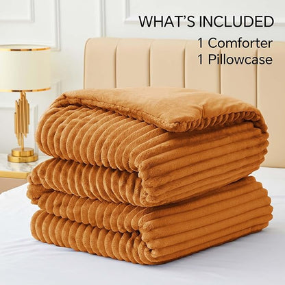 BEDELITE Fleece Twin Comforter Set -Super Soft & Warm Fluffy Rust Orange Bedding, Luxury Fuzzy Heavy Bed Set for Winter with 1 Pillow case