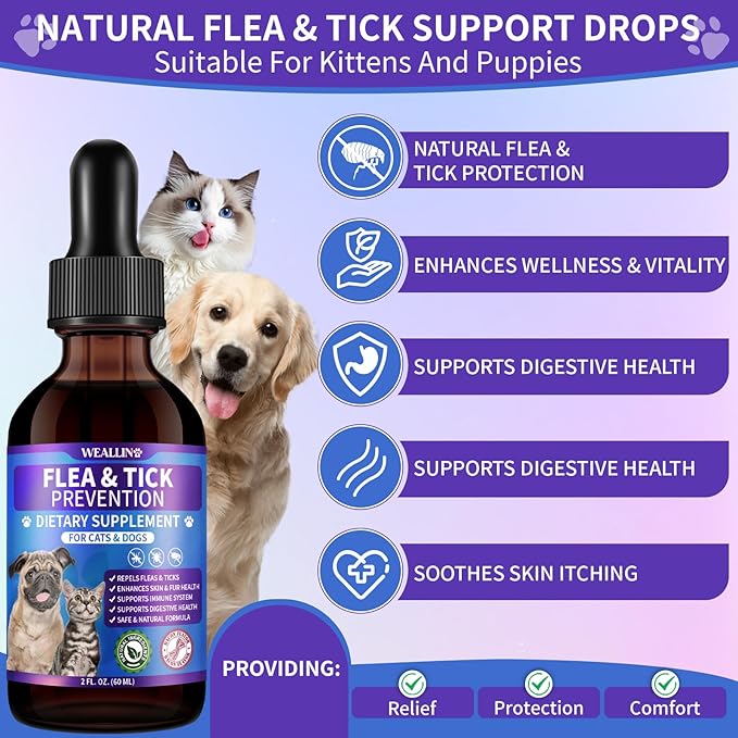 Flea and Tick Prevention Support for Cats and Dogs Natural Flea Treatment Drops with Multivitamin for Pets Oral Natural Supplement Flea and Tick Treatment Drops for All Breeds and Ages-Mewly Pet