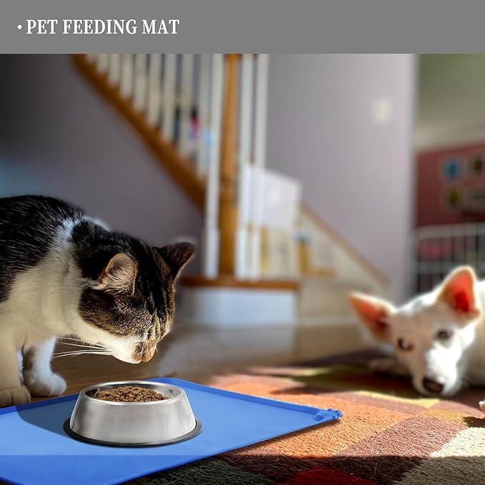 Waterproof Pet Feeding Mat with High Raised Edges, Heavier and Thicker Placemats for Cat Dog Water Bowl with BPA Free, Dogs Cats Food Mats for Messy Drinkers to Prevent Spill and Protect Floors-Mewly Pet