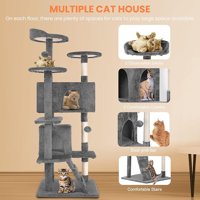 54.7 Inches Cat Tower for Indoor Cats, Multi-Level Cat Condos with Scratching Posts, Hanging Toys, Light Gray-Mewly Pet