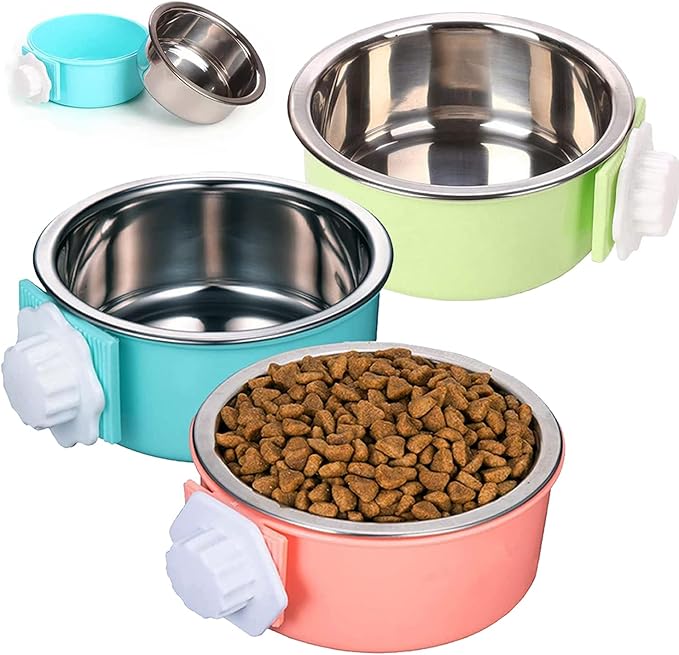 HERCOCCI Dog Crate Bowl, Removable Stainless Steel Pet Kennel Cage Hanging Food Bowls and Water Feeder Coop Cup Prevent Overflow for Puppy, Medium Dog, Cat, Rabbit, Ferret (3PCS)-Mewly Pet
