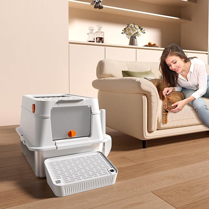 XL Stainless Steel Cat Litter Box with Easy-Open Lid, AOTRUTII Enclosed Metal Litter Box for Big Cats, Front Entry & Top Exit, High Sided, Anti-Leak, Non-Stick, Easy to Clean, Includes Scoop-Mewly Pet