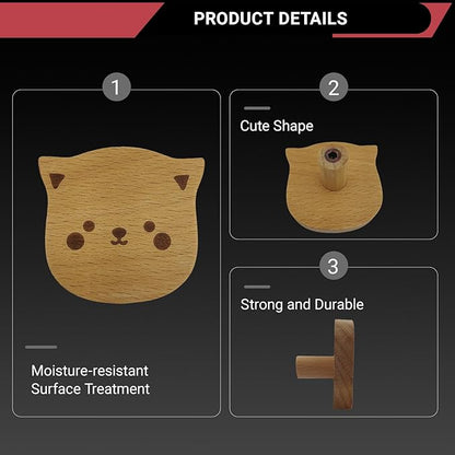 6PCS Wooden Cat Shaped Cabinet Knobs, Cabinet Handles, Single Hole Beech Wood Handles, Wood Hooks with Full Set of Screw Accessories