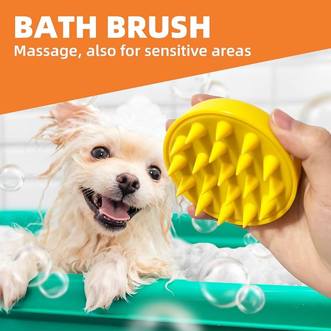 Dog Grooming Brush Set, 7 PCS Self-Cleaning Deshedding Hair Brushes for Short Long Haired Dogs Cats, Includes Scrubber Shower Wash Brush, Dematting Comb, Scissor - Yellow-Mewly Pet