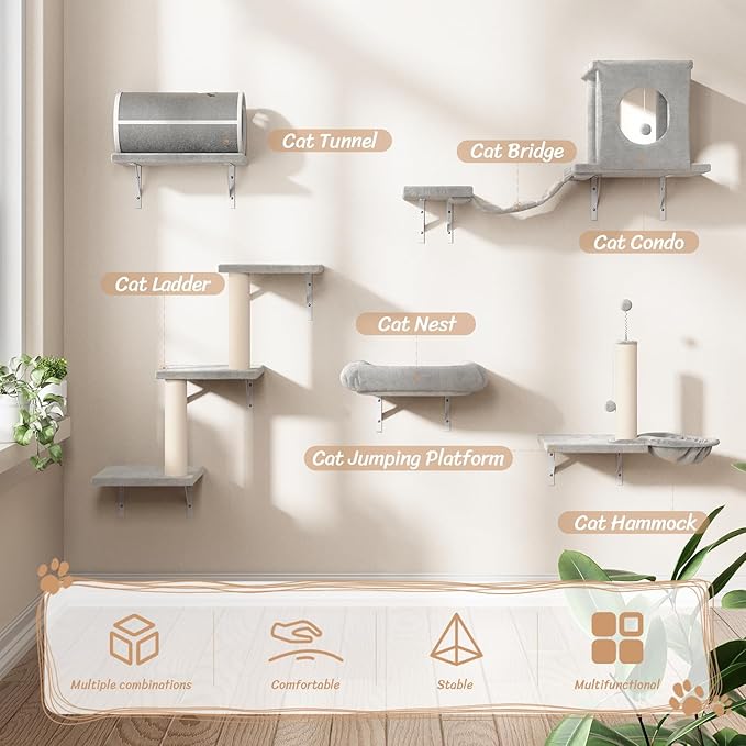 NUNU LAB Wall Mounted Cat Furniture, 7 Pcs Cat Wall Shelves with House, Tunnel, Bridge, Steps, Scratcher, Hammock, Bed, Indoor Safe & Stable Furniture for Kittens Play, Gray-Mewly Pet