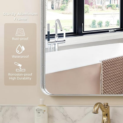 36x24"Bathroom Vanity Mirror for Wall, Aluminum Framed, Farmhouse Rectangle, Anti-Rust, HD Reflection Anti-Desilvering, Distortion Free, Tempered and Shatter-Proof Wall Mounted Mirror, Silver