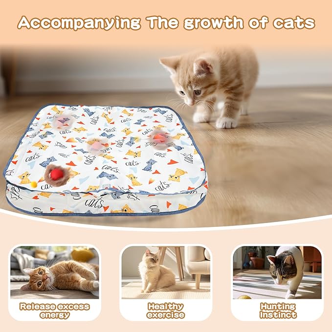 Rocfish Interactive Cat Toys Ball - Automatic Fast Rolling Ball in Play Mat, Hide and Seek Mouse Catching Game, Low-Noise Cat Enrichment Toys in Pouch for Indoor Bored Cats (Red Toy & Square Mat)-Mewly Pet